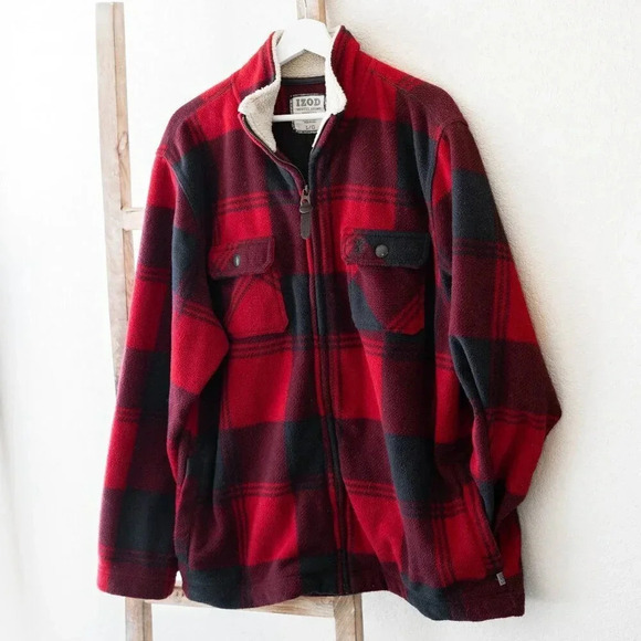 IZOD LUXURY SPORT VINTAGE MEN Sz L JACKET RED BUFFALO CHECK PLAID FLEECE SHERPA - Picture 1 of 8